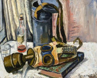 Still life with a gas mask, tableau de Nathan Grunsweigh, vendu par la galerie Marek & Sons.